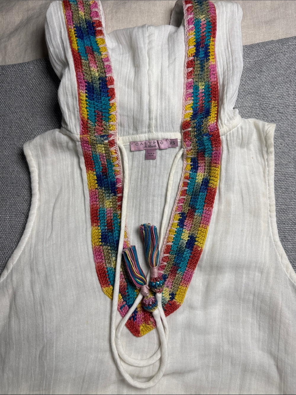 Calypso St. Barth White Gauze Bathing Suit Cover Multicolor Crochet Trim
